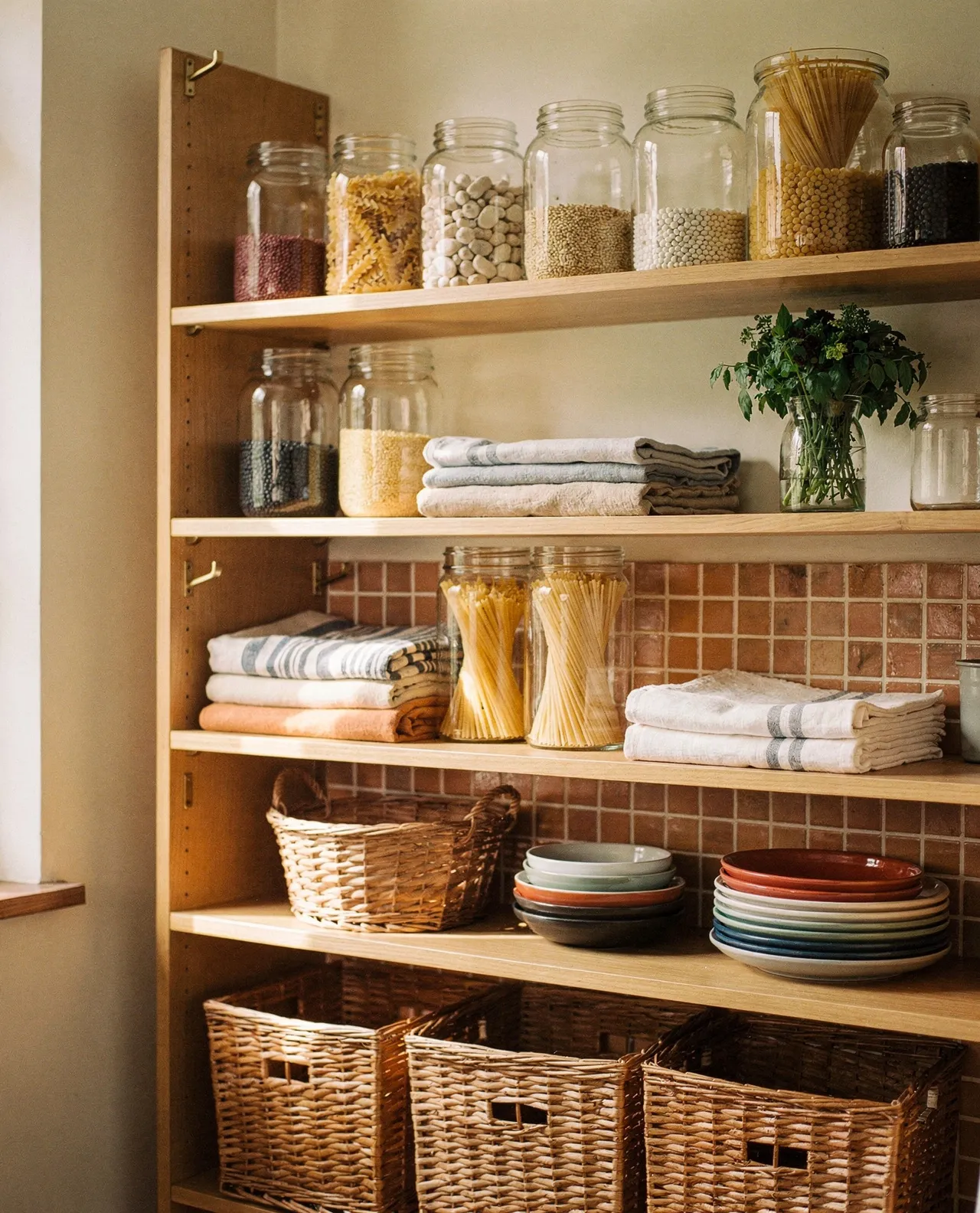 Estanterías de cocina ordenadas con tarros, ropa doblada y cestas de mimbre